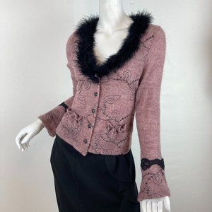 Ann Ferriday Dusty Rose Knit Cardigan with Black Faux-Fur Trim